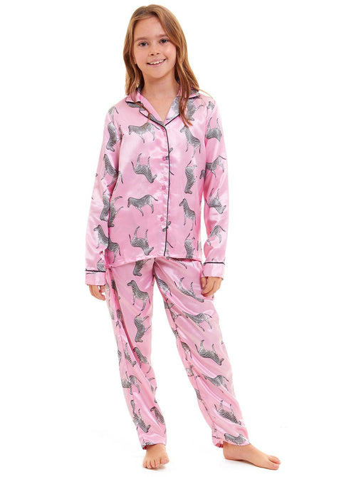 Girls Zebra Animal Pink Satin Silky Pyjamas