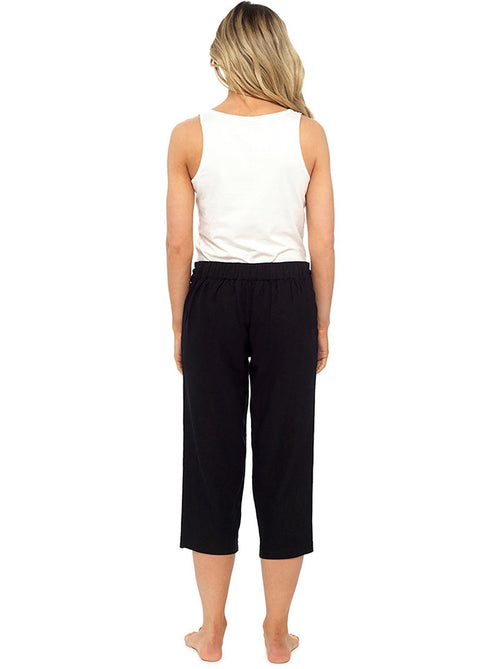Half Elasticated Linen 3/4 Length Pants Black