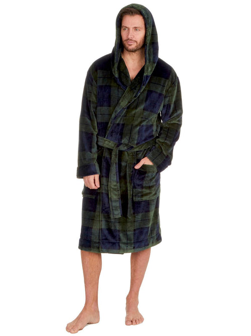 Hooded Green Navy Check Fleece Gown