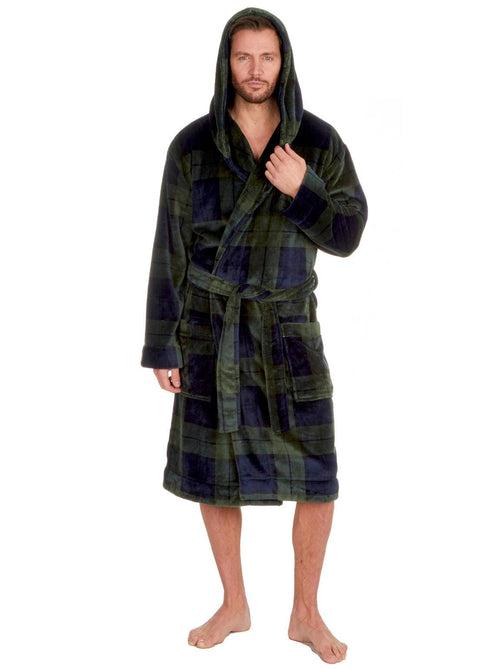 Hooded Green Navy Check Fleece Gown