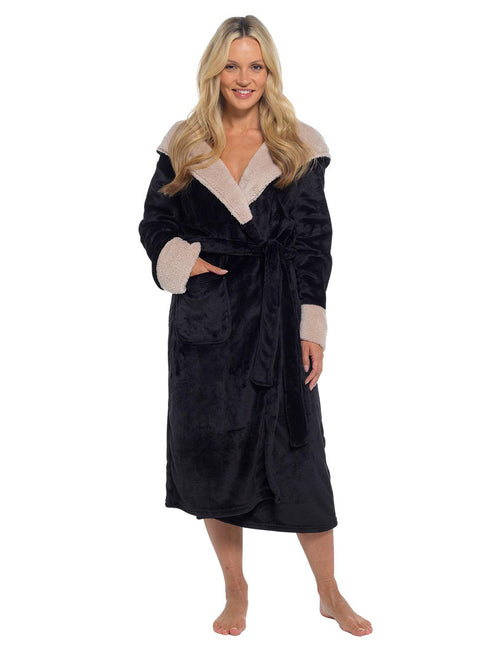 Hooded Luxury Black Taupe Fleece Robe