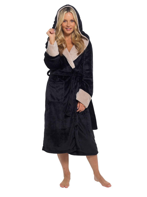 Hooded Luxury Black Taupe Fleece Robe