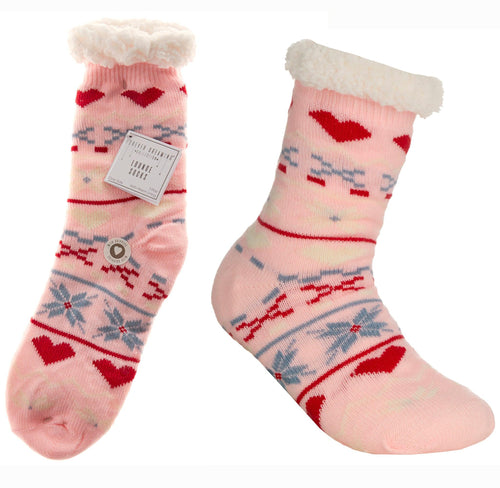 Ladies Pink Fairisle Gripper Lounge Socks