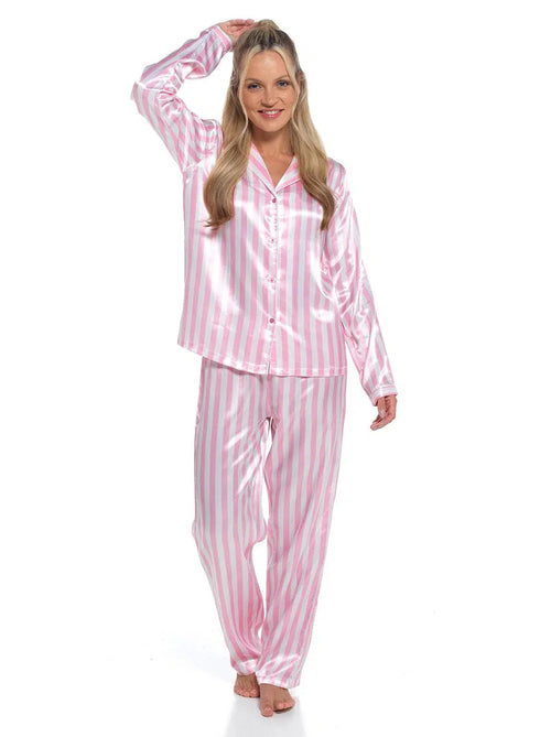 Womens Candy Stripe Pink Satin Silky Pyjamas