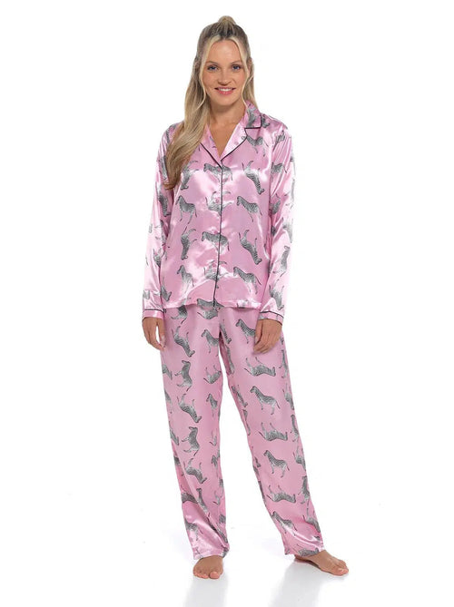 Womens Zebra Animal Pink Satin Silky Pyjamas