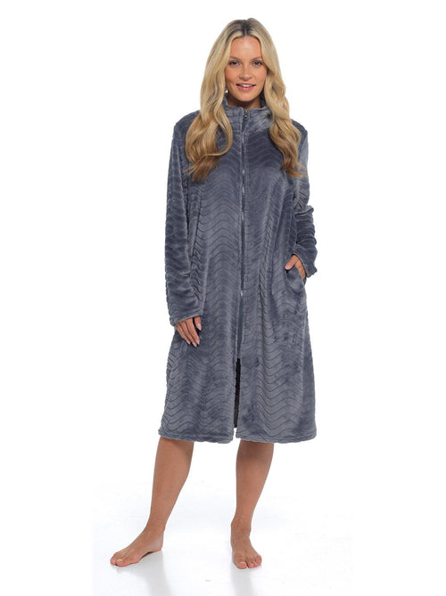 Zipped Womens Fleece Dressing Gown Grey