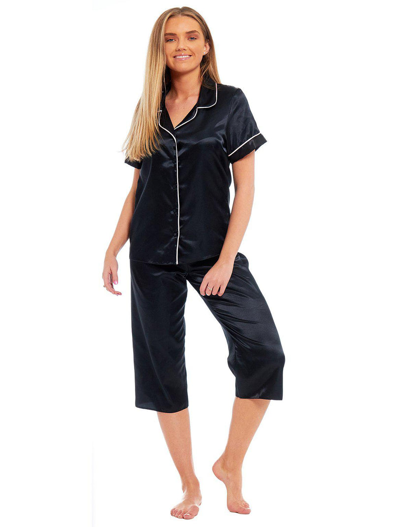 Black 3/4 Cropped Satin Pyjama Set
