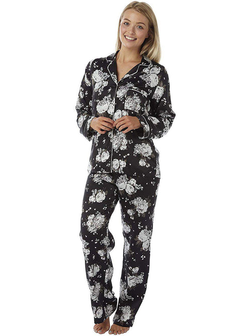 Black Floral Pattern Satin Pyjama Set