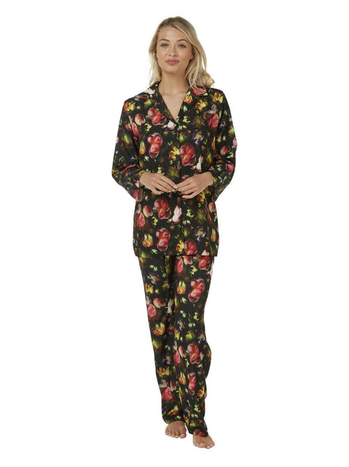 Black Floral Print Satin Pyjamas