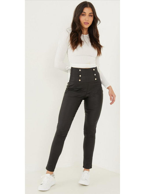 Faux Leather Black High Waist Button Trousers