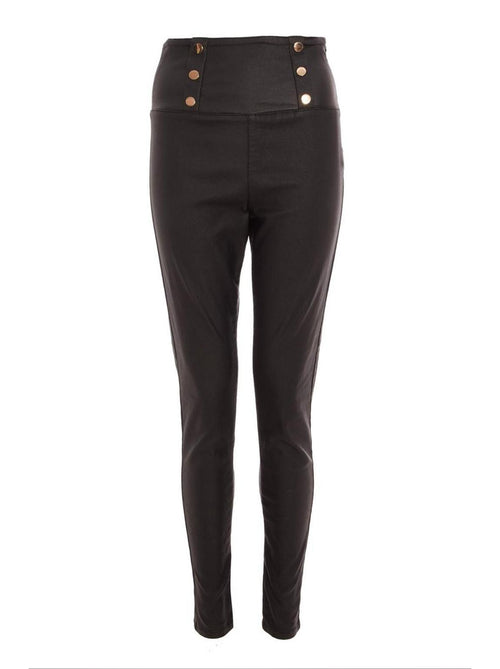 Faux Leather Black High Waist Button Trousers