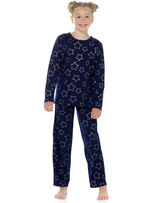 Girls Navy Gold Star Jersey Pyjamas