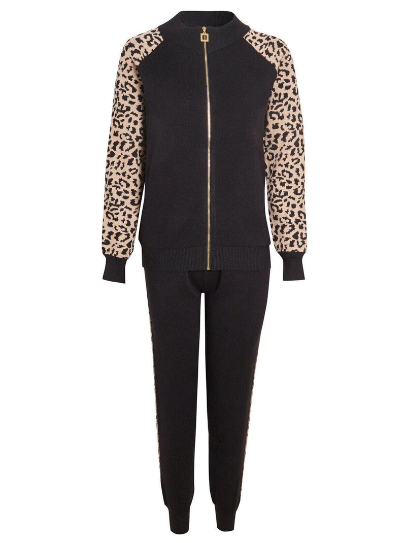 Knitted Leopard Zipped Loungewear Suit Black