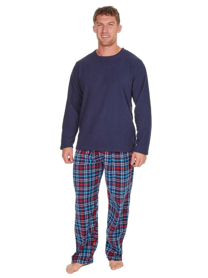 Mens Fleece Ribbed Top Check Bottoms Pyjamas