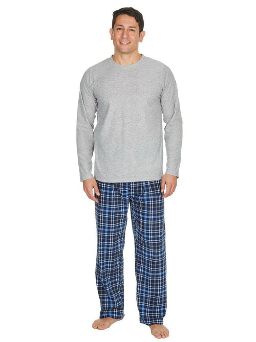 Mens Grey Fleece Top Check Pants Pyjamas