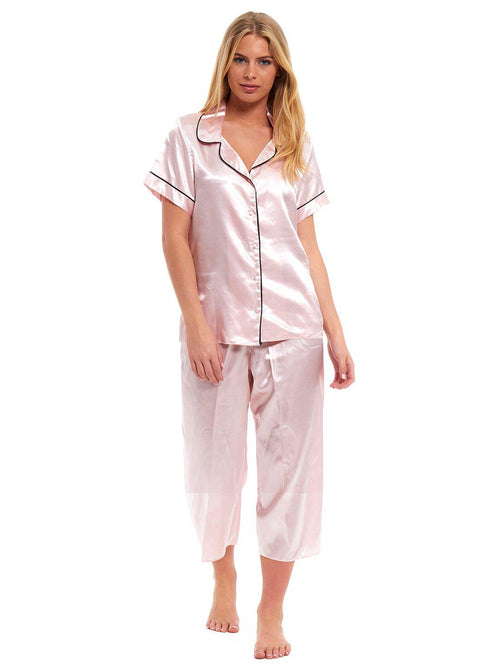 Pink 3/4 Cropped Satin Pyjama Set