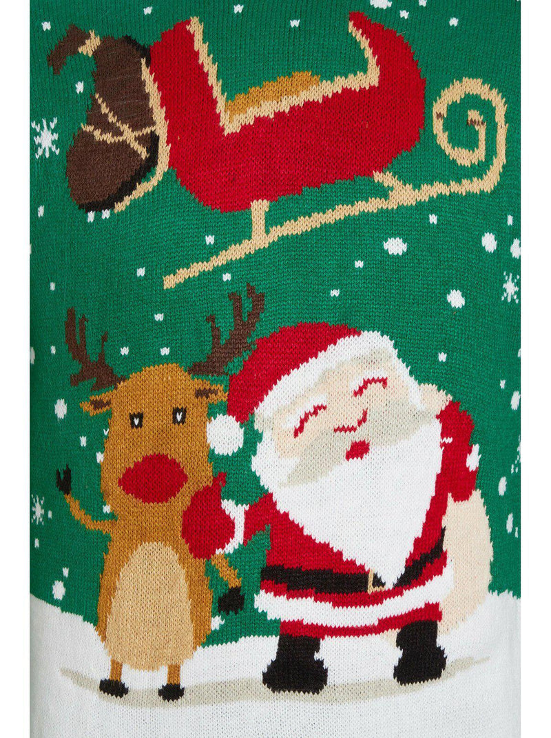 Unisex Knitted Christmas Jumper Green Santa Rudolph