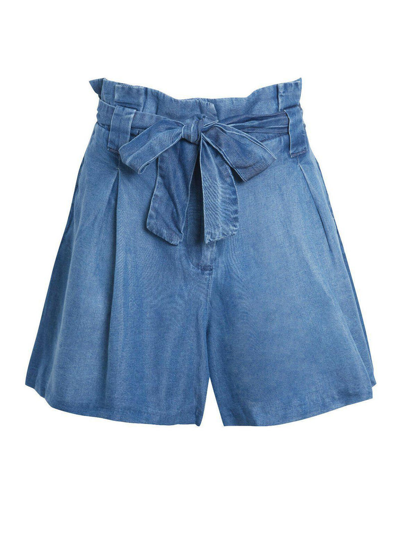 Womens Blue Tencel Belted Shorts