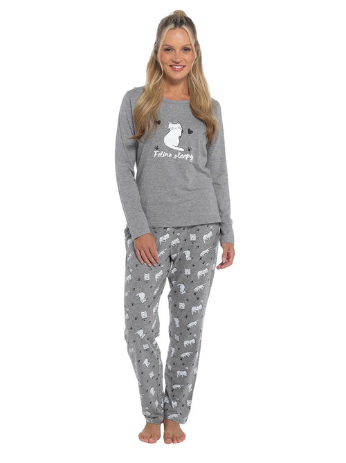 Womens Grey Sleepy Cats Jersey Pyjamas