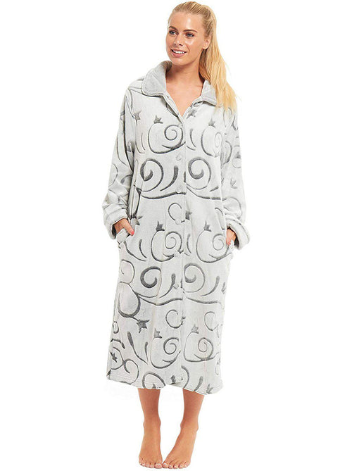 Womens Grey Swirl Buttoned Dressing Gown